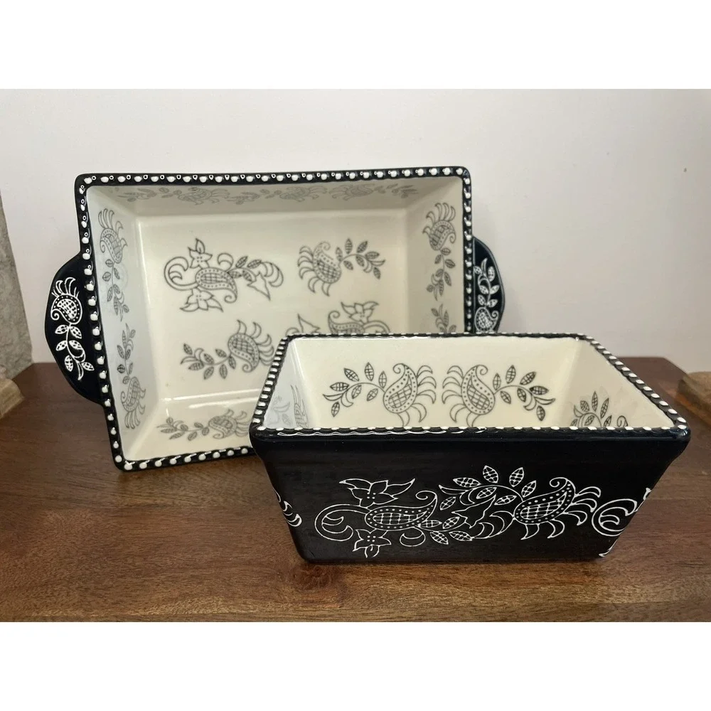 2 PC Baum Stoneware Casserole Baking Dish Black White Floral Paisley